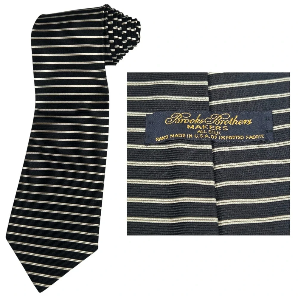 Vtg Brooks Brothers Makers Mens Silk Repp Tie Black‎ White Stripe Made in USA